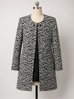 Anne Klein Black and White Leopard-Print Long Trench Coat